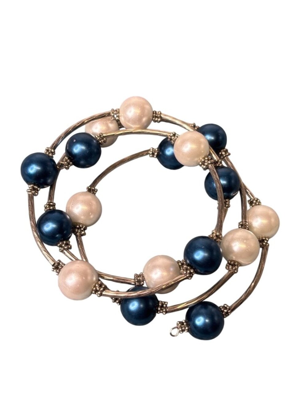 Silvertone Glass Faux Pearl Navy Blue Beaded Memory Wire Bracelet
